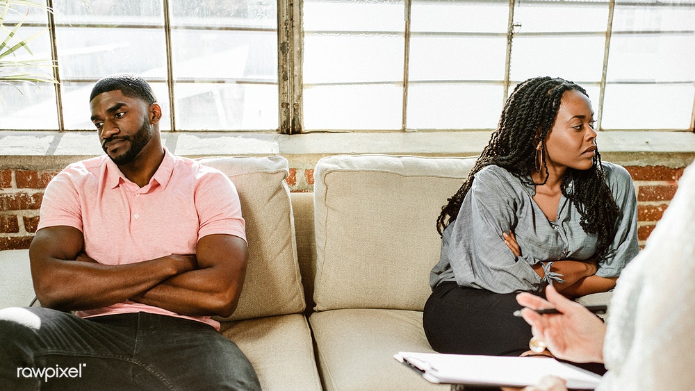 Couples TherapyDepressed African Spouses Sitting on Couch at Counselor`s  Office Stock Photo - Image of issue, disappointed: 195578544